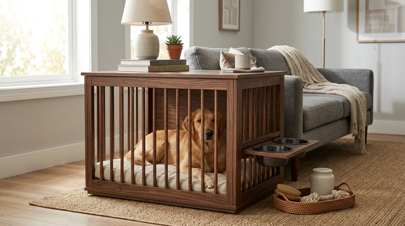 41-Inch Dog Crate End Table with Rotating Bowls