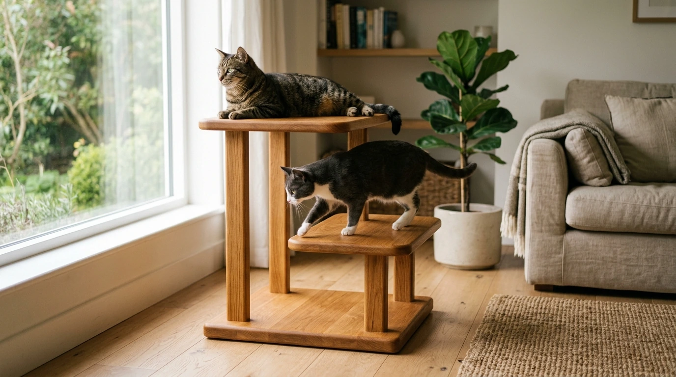 Solid Wood Dual-Tier Cat Tree for Climbing & Perching